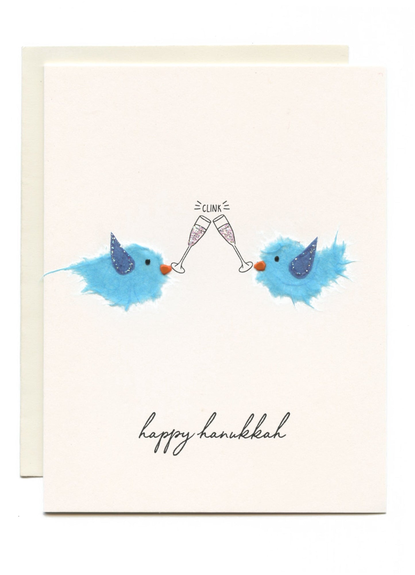 "CLINK! Happy Hanukkah" Birds w Champagne