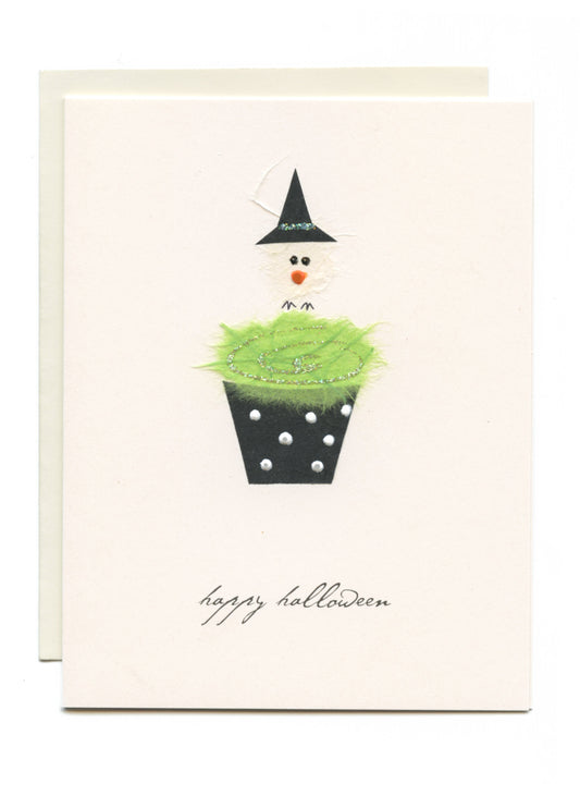 "Happy Halloween" Witch Bird on Cupcake